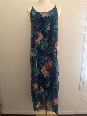 old navy floral chiffon dress OLD NAVY Sz L Blue Floral Chiffon V-Neck Midi